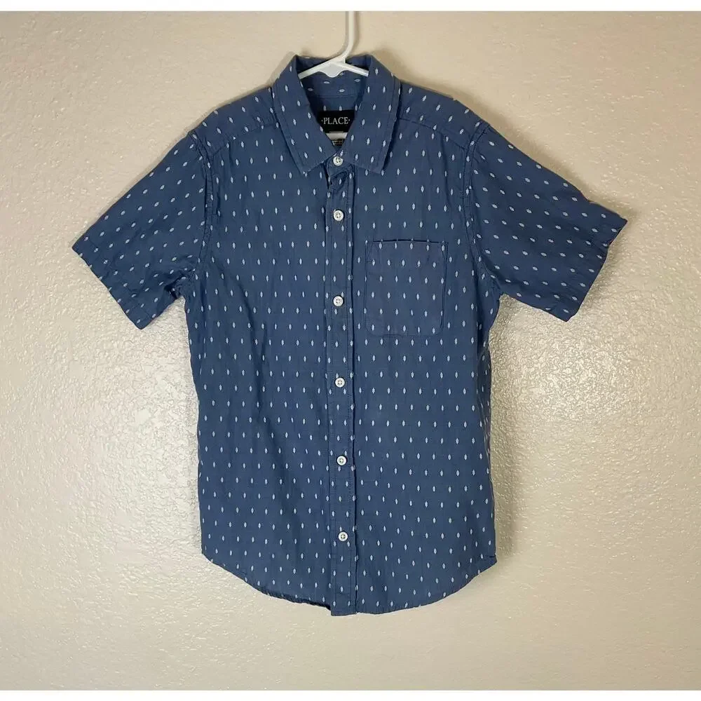 The Children’s Place Boys Blue Printed Button Down Shirt Size 10/12 Cotton